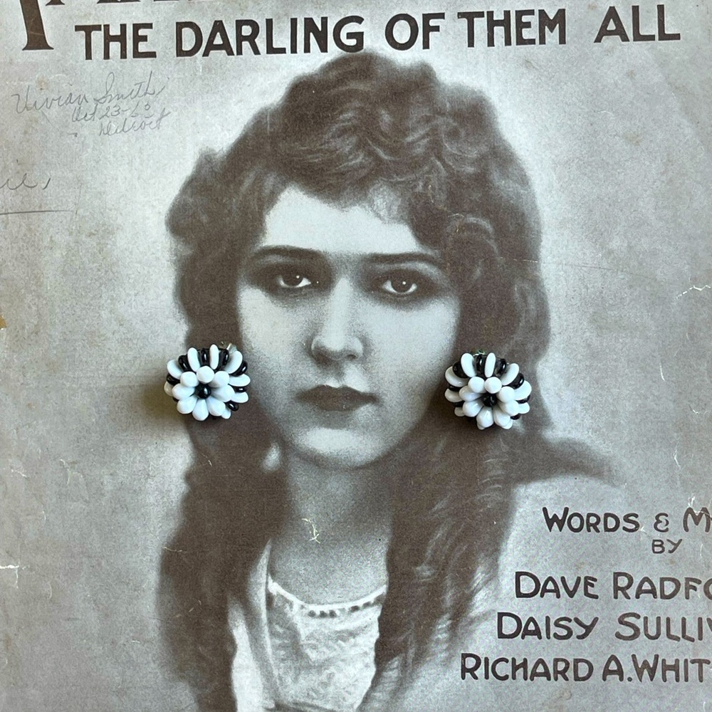 Vintage black & white clip earrings mid-century modern beads